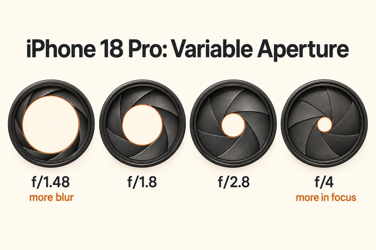 Infographic summarizing the confirmed iPhone 18 Pro variable aperture: four stops from f/1.48 to f/4 on the 48MP main camera
