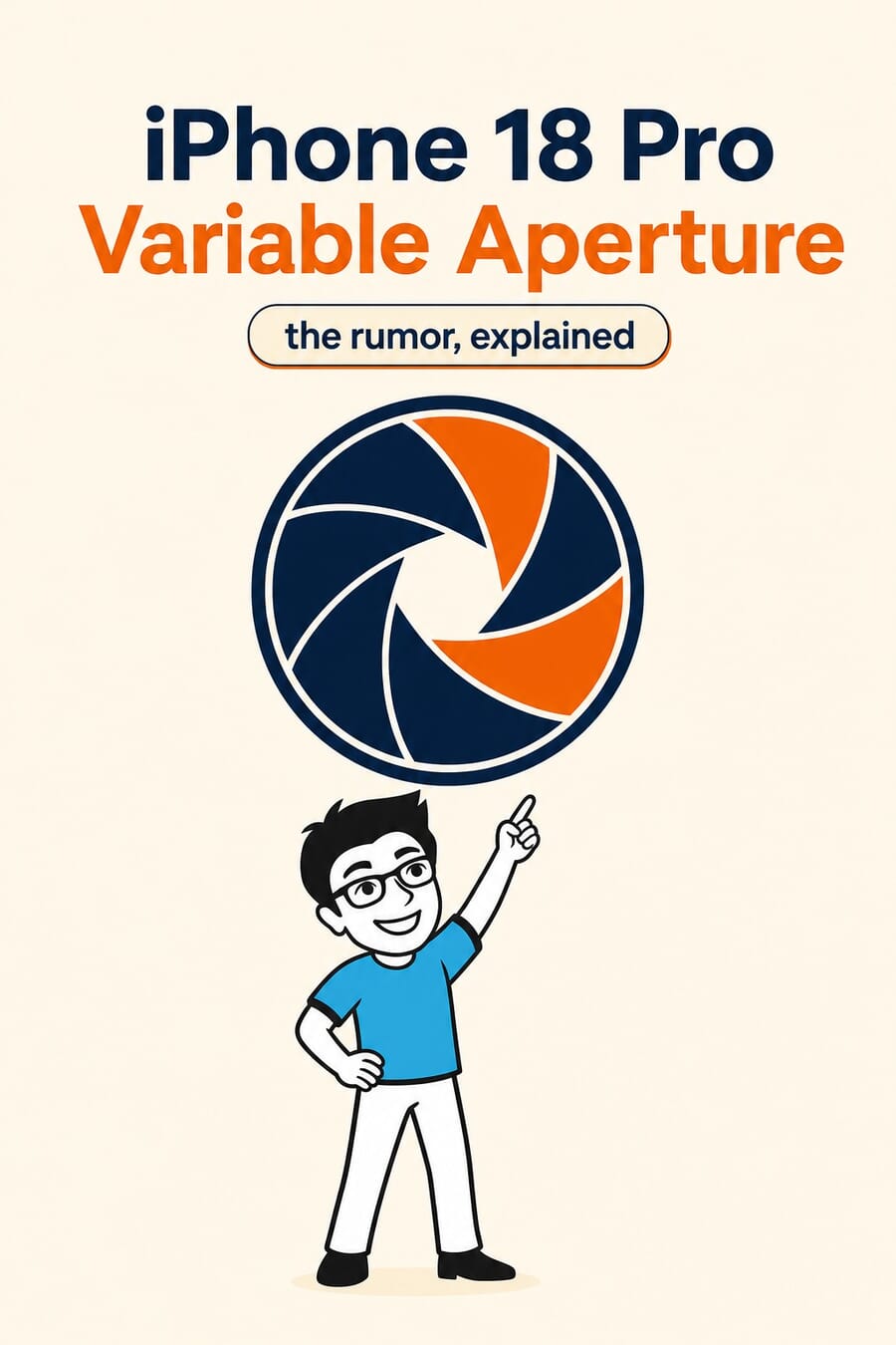 Vertical graphic: iPhone 18 Pro variable aperture, the rumor explained, with the PhotoWorkout mascot and an aperture iris