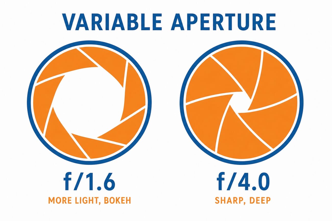 Infographic explaining variable aperture: an f/1.6 wide opening for more light and bokeh versus an f/4.0 narrow opening for sharp, deep depth of field