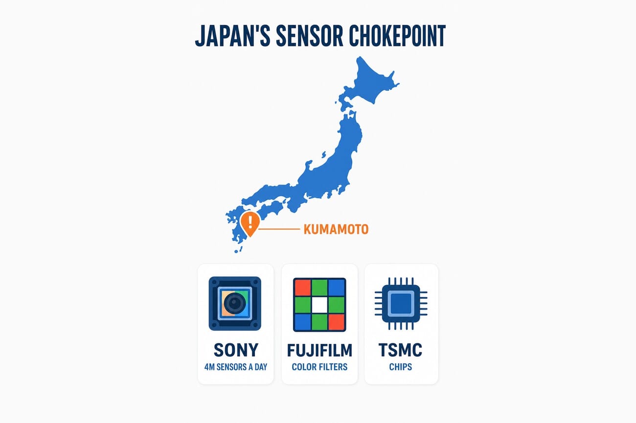 Infographic titled Japan's Sensor Chokepoint showing Kumamoto on a map of Japan and the three plants there: Sony making 4 million sensors a day, Fujifilm making color filters, and TSMC making chips