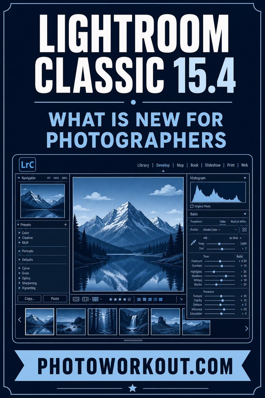 Vertical graphic summarizing what is new for photographers in Lightroom Classic 15.4