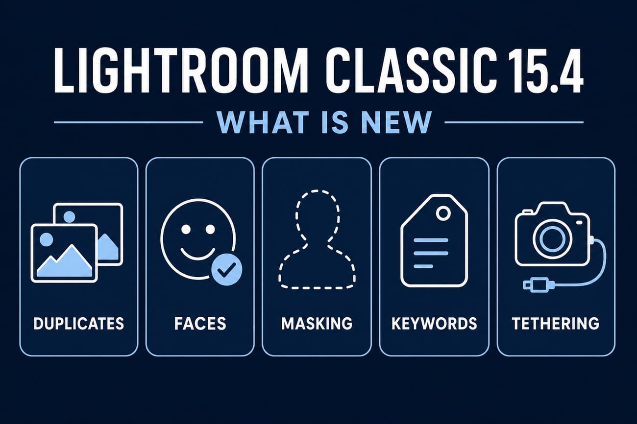 Infographic summarizing the five main new features of Lightroom Classic 15.4: duplicate detection, Faces panel, masking improvements, keyword sync, and PTP tethering