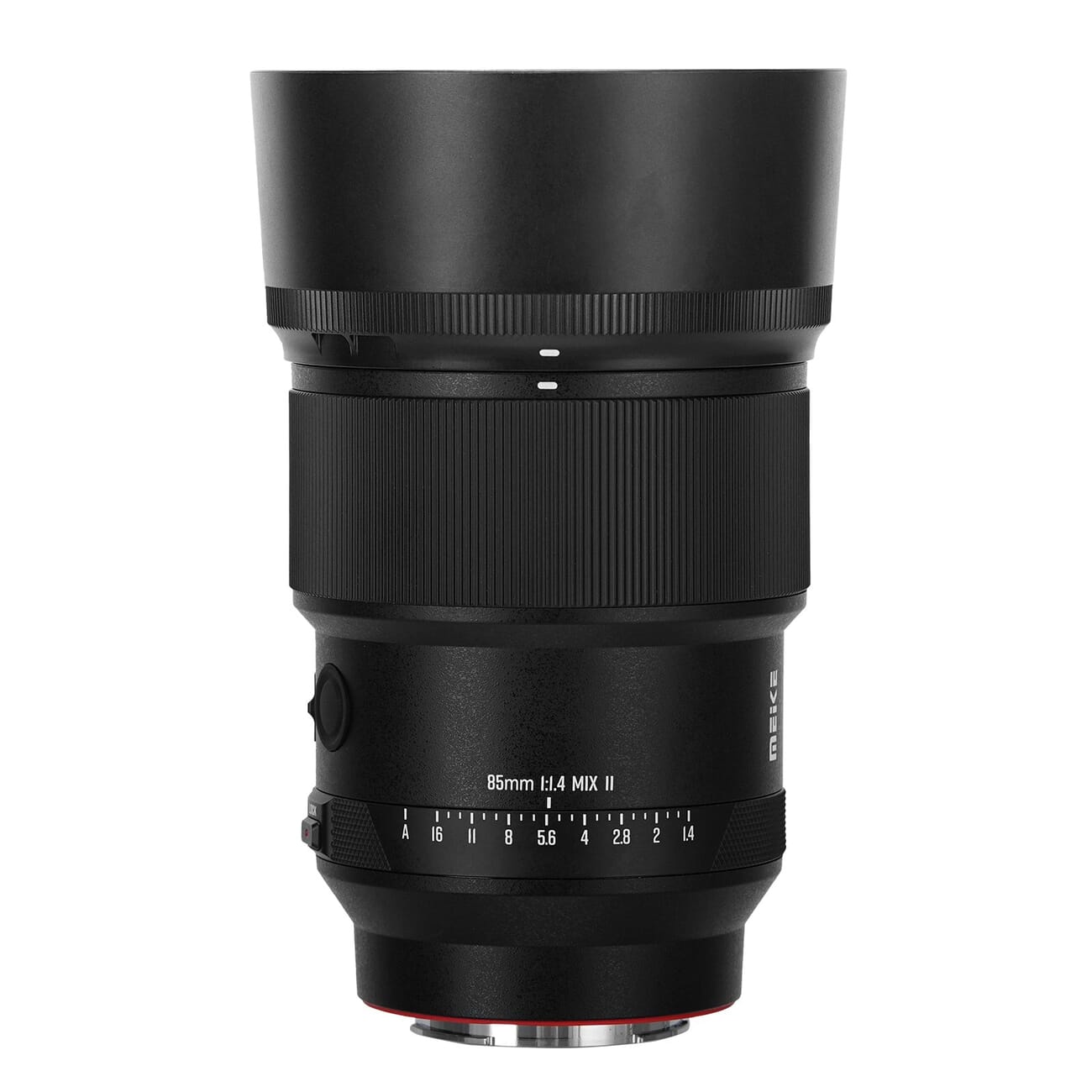 Meike AF 85mm f/1.4 MIX II with its included lens hood attached, official Meike product render