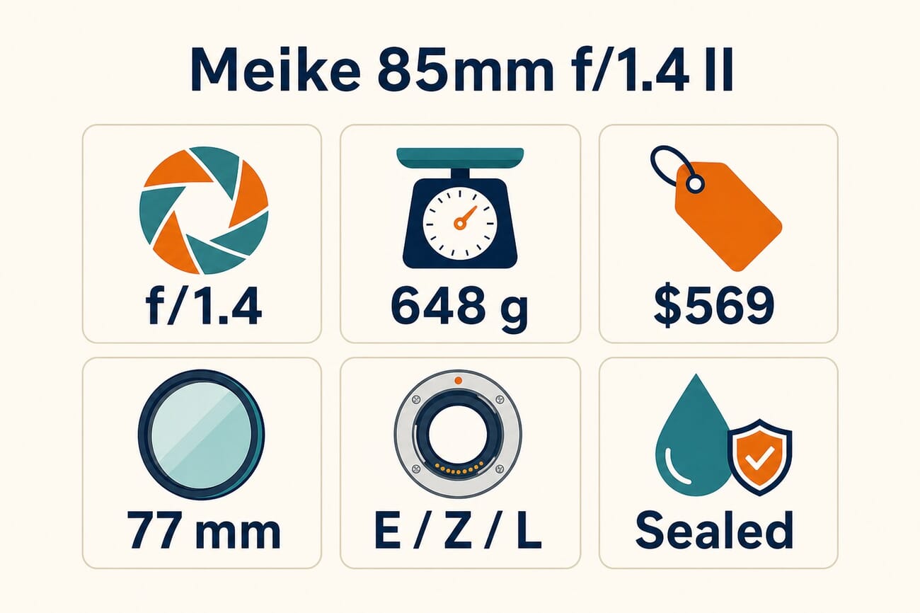 Infographic summarizing Meike 85mm f/1.4 MIX II specs: f/1.4 aperture, 648 g weight, $569 price, 77mm filter, E/Z/L mounts, weather sealed