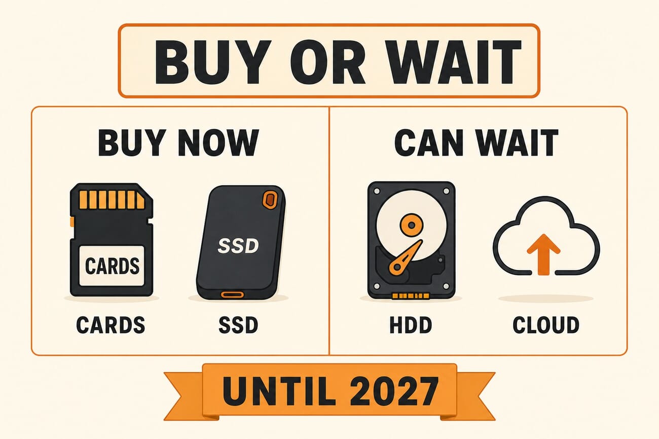 Infographic splitting storage purchases into buy now (memory cards and portable SSDs) versus can wait (hard drives and cloud storage) until 2027