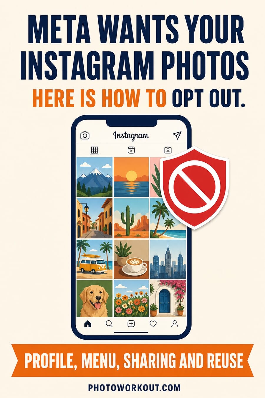 Vertical graphic summarizing how to opt out of Meta Muse Image on Instagram: Profile, Menu, Sharing and Reuse toggles off