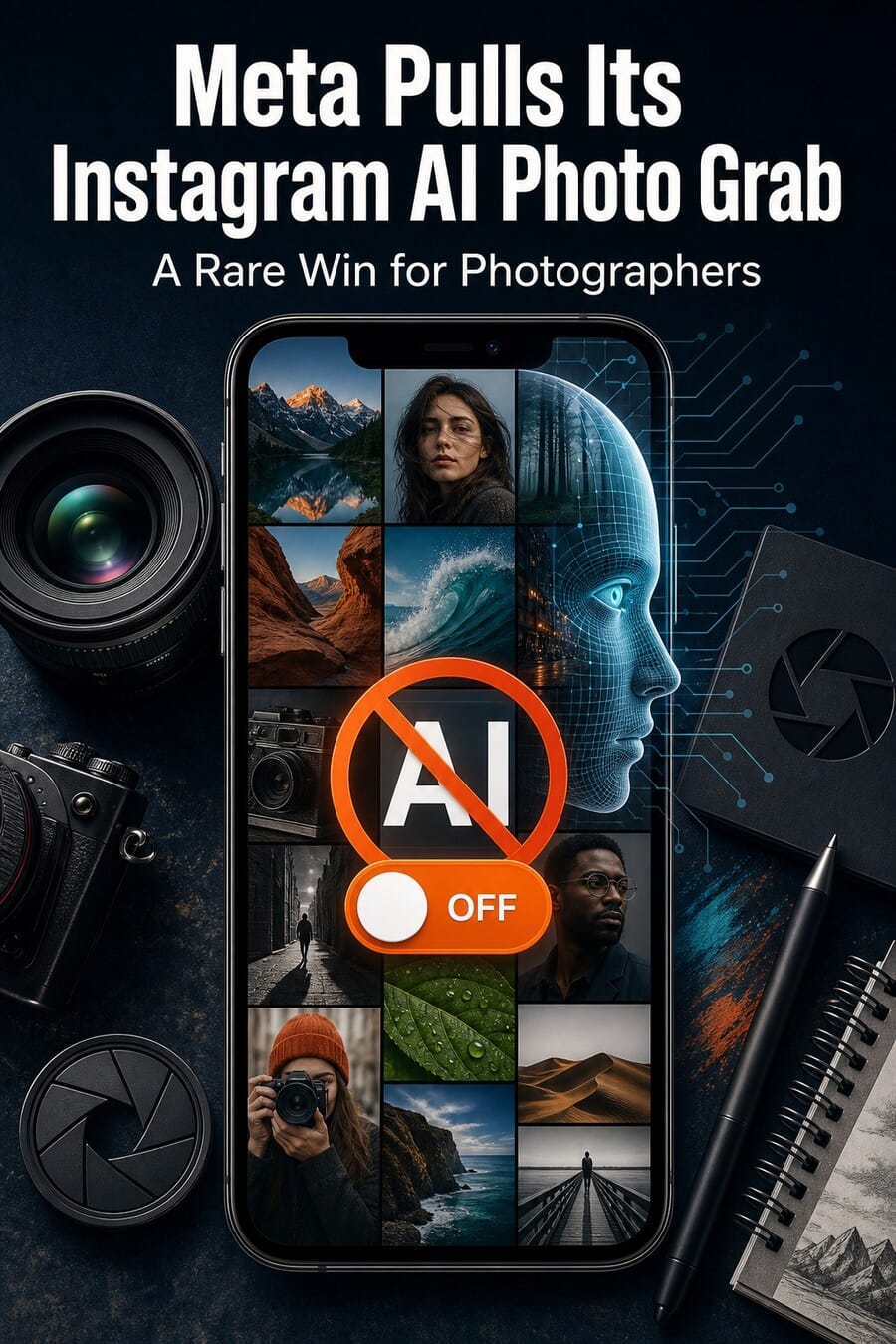 Vertical graphic: Meta pulls its Instagram AI photo grab, a rare win for photographers