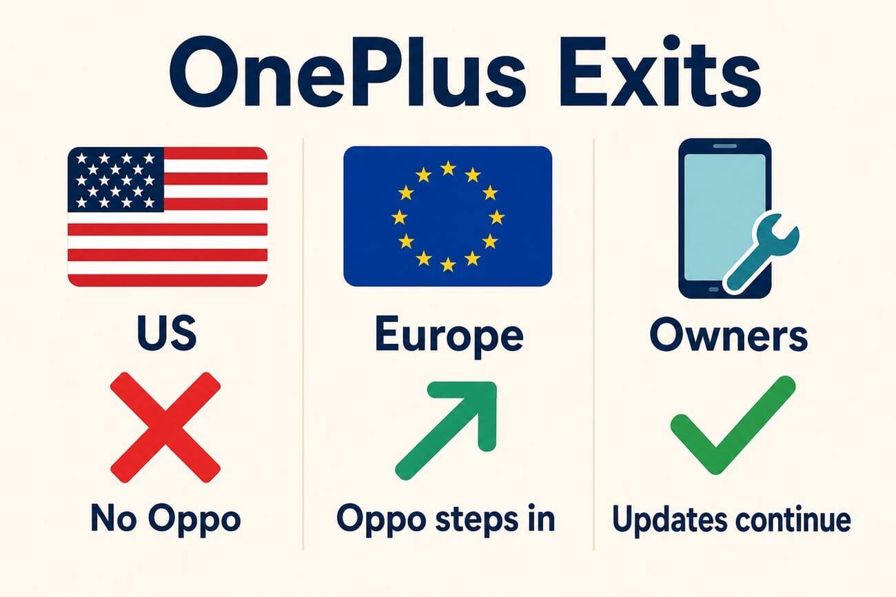 Infographic summarizing the OnePlus exit: no Oppo replacement in the US, Oppo steps in across Europe, existing owners keep software updates