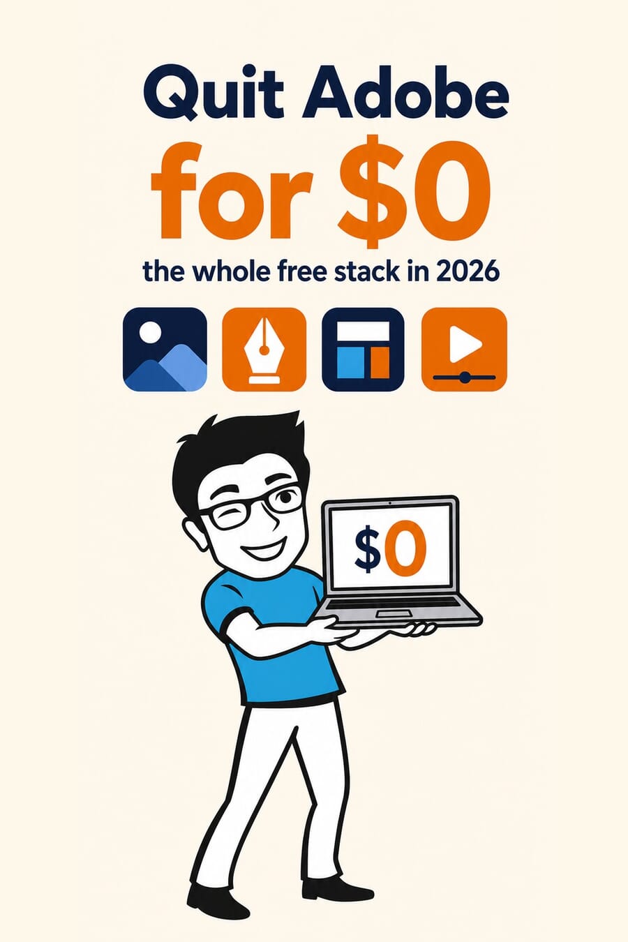 Vertical graphic: quit Adobe for $0, the whole free stack in 2026, with the PhotoWorkout mascot holding a laptop