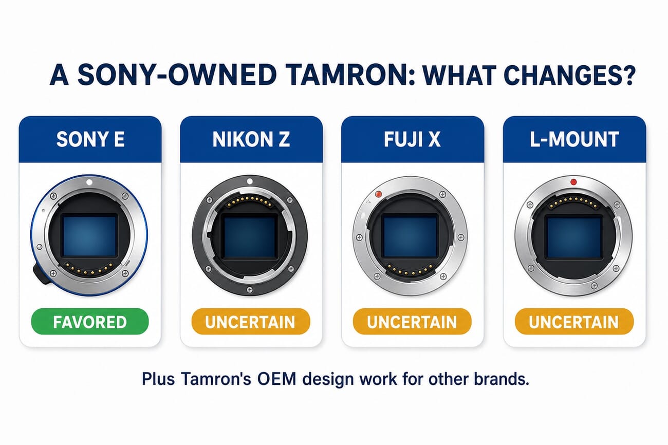 Infographic showing how a Sony-owned Tamron could affect different mounts: Sony E favored, Nikon Z, Fujifilm X, and L-mount uncertain, plus Tamron's OEM design work for other brands