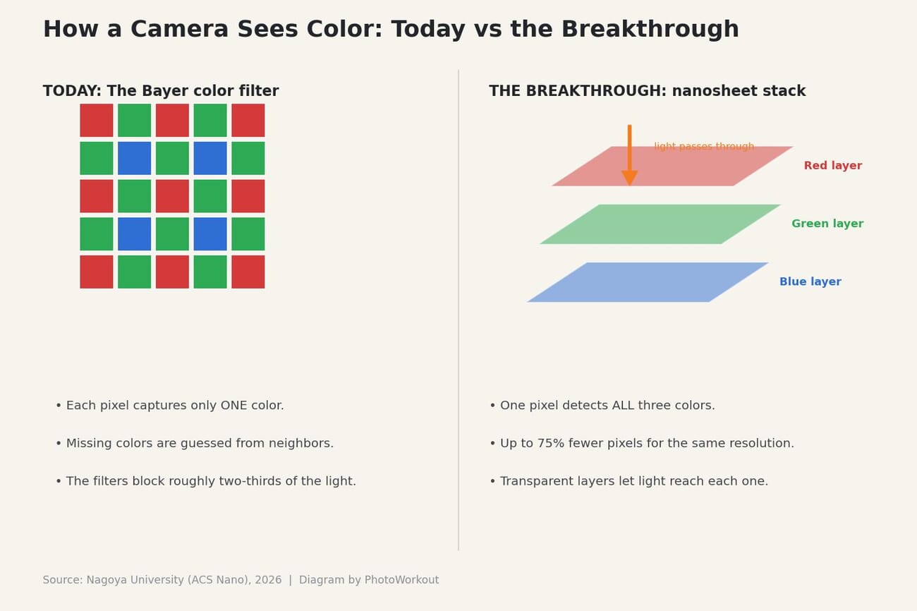 Diagram comparing a conventional Bayer color filter grid, where each pixel captures one color, with a stack of transparent red, green, and blue nanosheet layers where one pixel captures all three