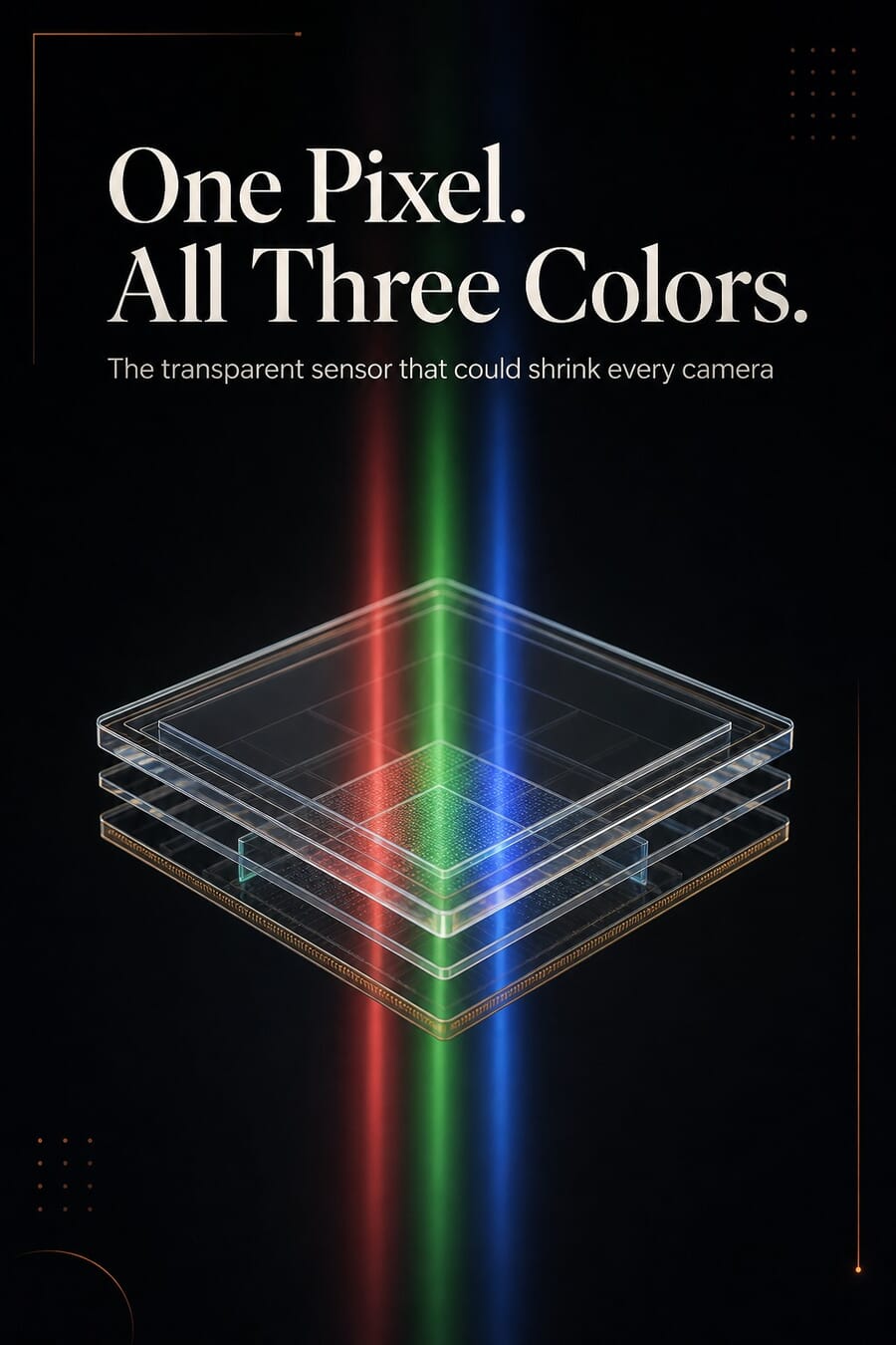Vertical graphic: One pixel, all three colors, the transparent sensor that could shrink every camera