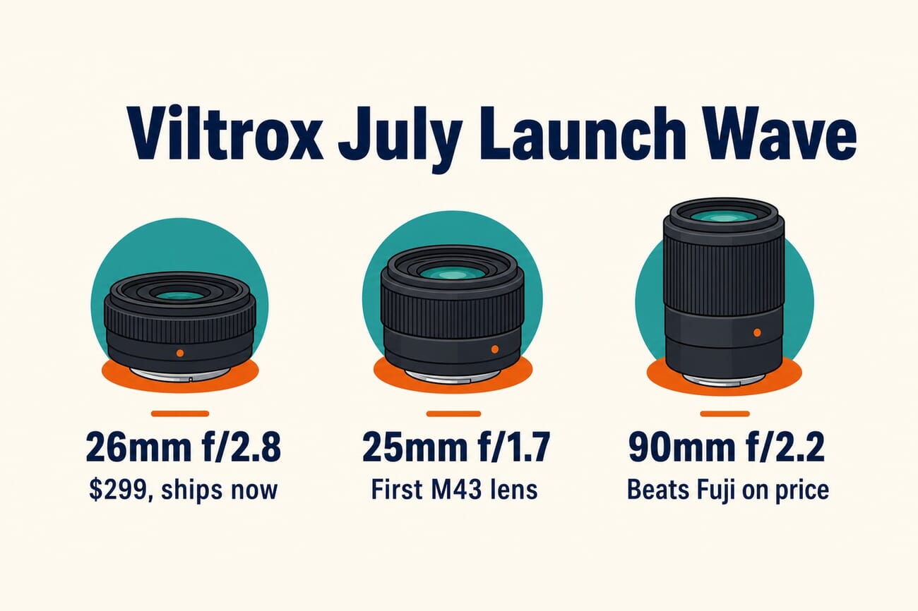 Infographic: Viltrox July launch wave, the 26mm f/2.8 pancake, the first Micro Four Thirds 25mm f/1.7, and the 90mm f/2.2
