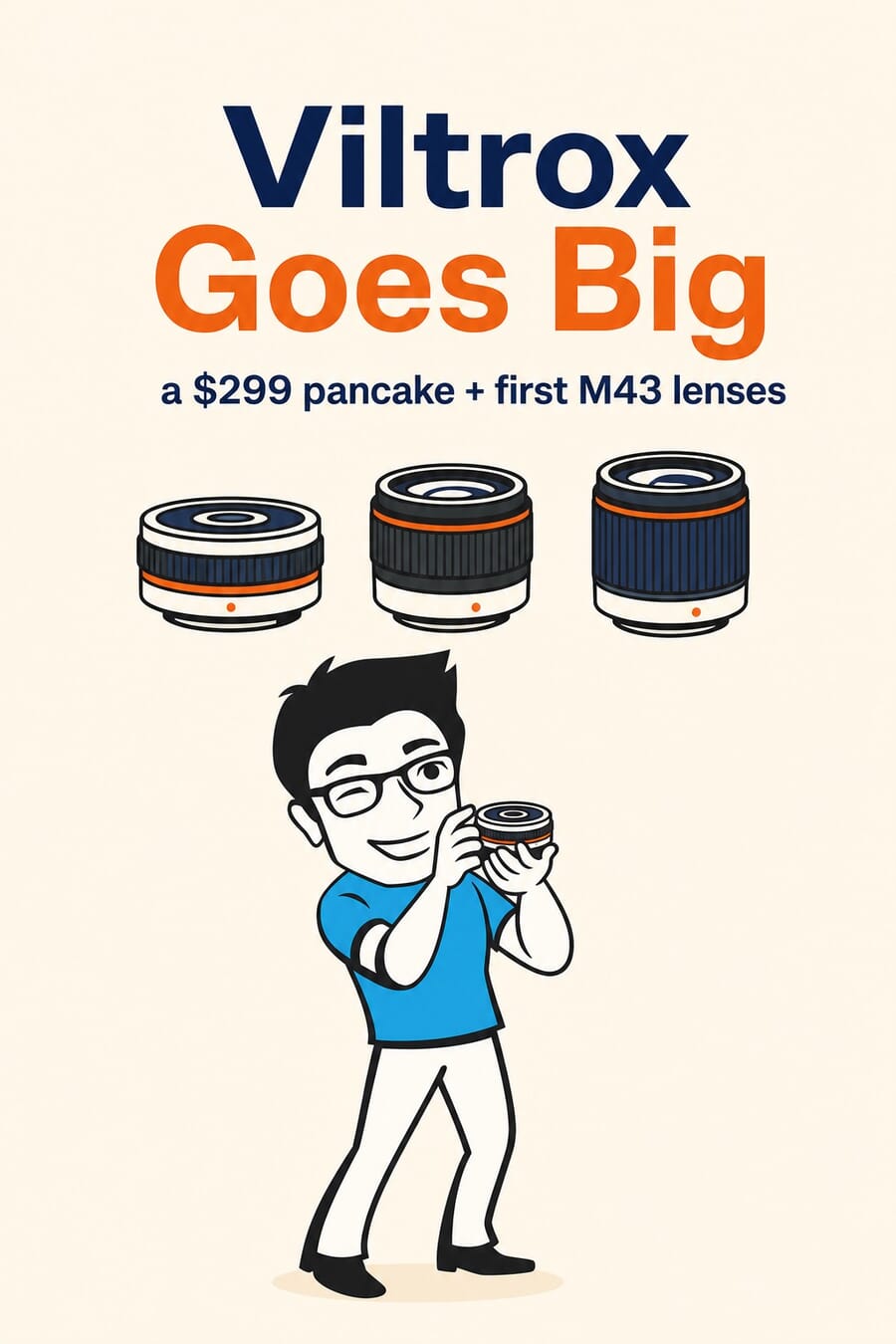Vertical graphic: Viltrox goes big, a $299 pancake plus its first Micro Four Thirds lenses, with the PhotoWorkout mascot holding a pancake lens