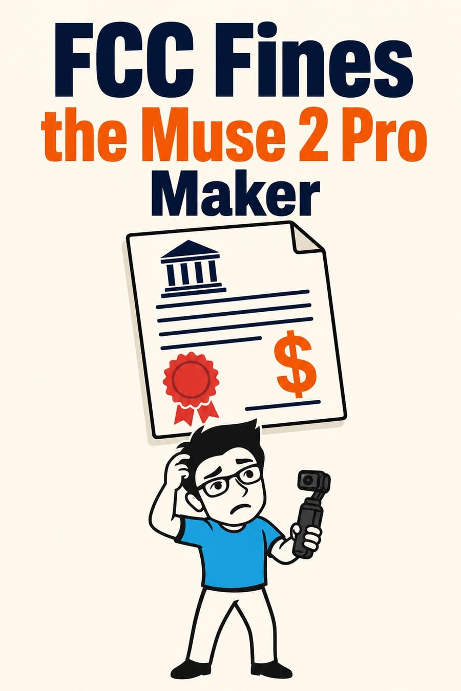 Vertical illustration: FCC fines the Xtra Muse 2 Pro maker, with an official document graphic and the PhotoWorkout mascot holding a pocket gimbal camera