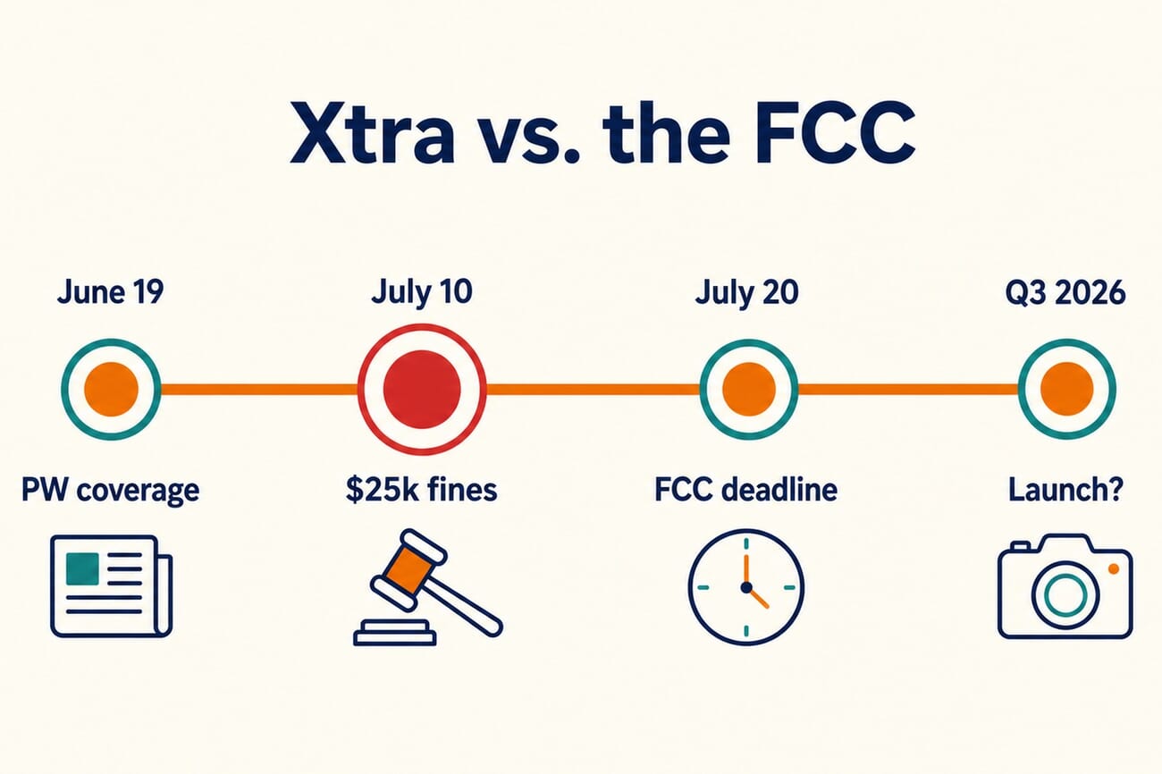 Timeline infographic: PhotoWorkout coverage June 19, FCC $25,000 proposed fines July 10, response deadline July 20, uncertain Q3 2026 Muse 2 Pro launch