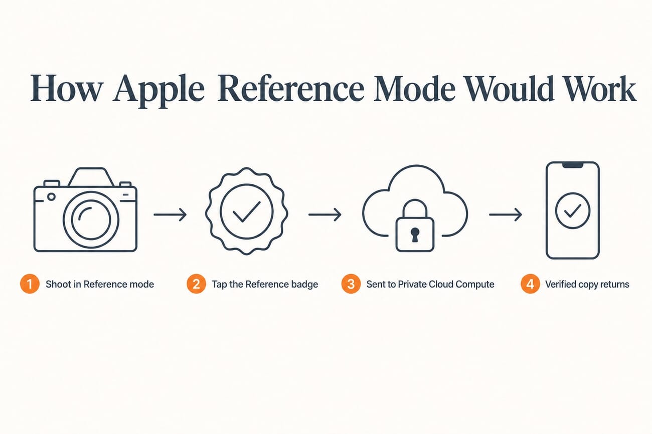 Four-step flow of how Apple Reference mode would authenticate an iPhone photo