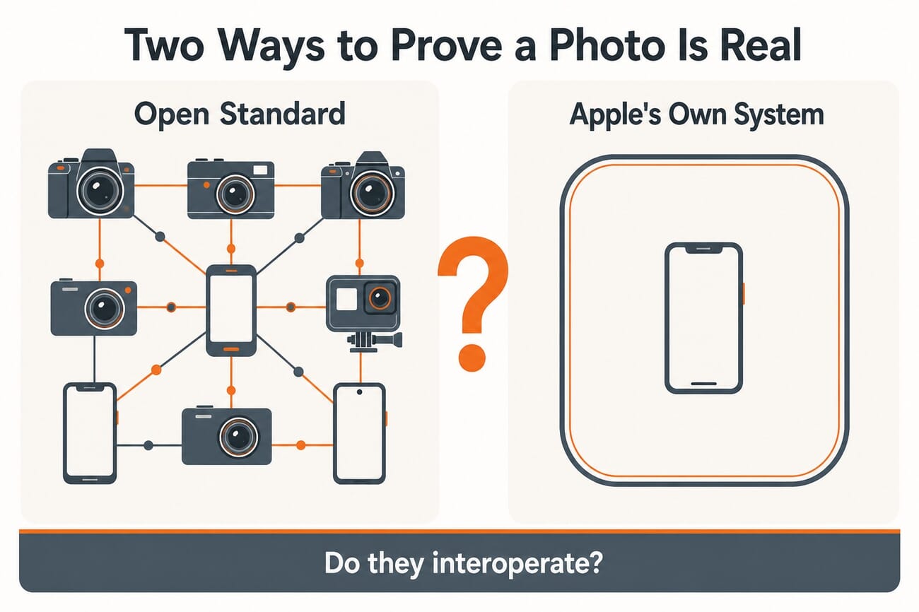 Infographic comparing the open C2PA standard used by many camera brands against Apple's separate proprietary system
