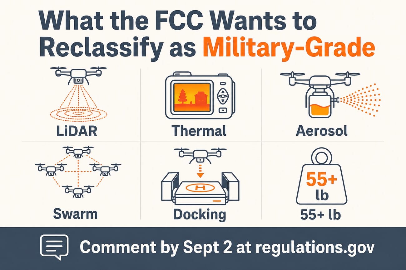 Infographic of the drone capabilities the FCC proposal would reclassify as military-grade: LiDAR, thermal, aerosol, swarm, docking, and 55-plus pounds