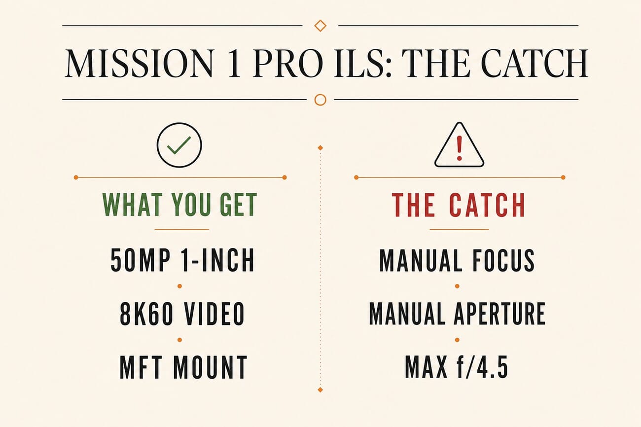 Mission 1 Pro ILS: what you get (50MP 1-inch, 8K60, MFT mount) versus the catch (manual focus, manual aperture, max f/4.5)