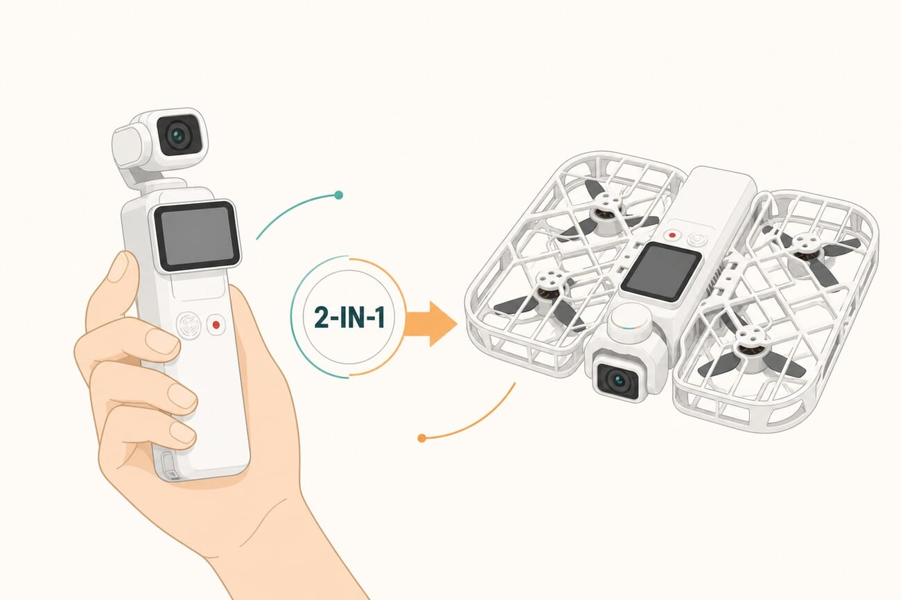 Concept diagram showing a pocket gimbal camera transforming into a small caged drone, labeled 2-in-1