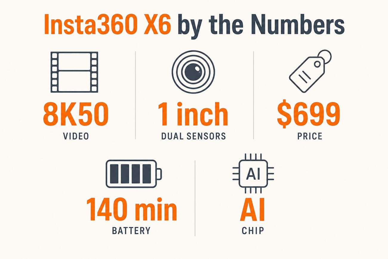 Infographic of Insta360 X6 specs: 8K50 video, dual 1-inch sensors, $699 price, 140-minute battery, and an AI chip