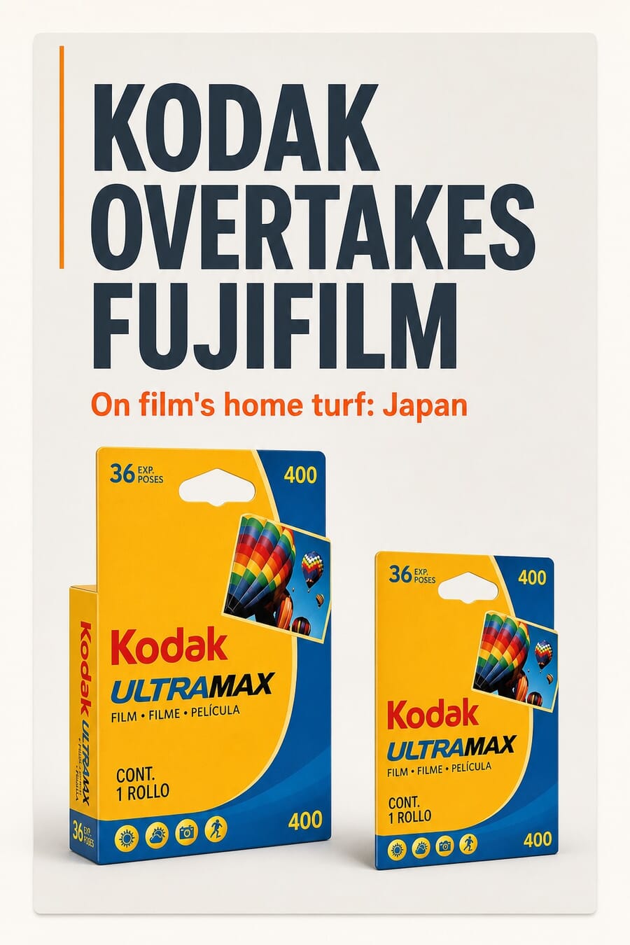 Pinterest graphic reading Kodak overtakes Fujifilm on film's home turf Japan