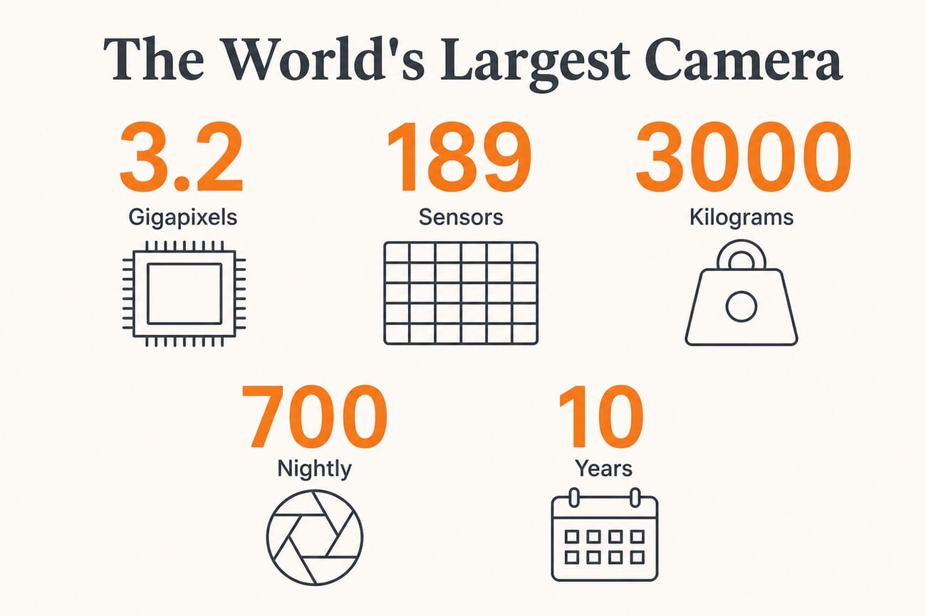 Infographic of LSST Camera stats: 3.2 gigapixels, 189 sensors, 3000 kilograms, 700 nightly images, 10 year survey