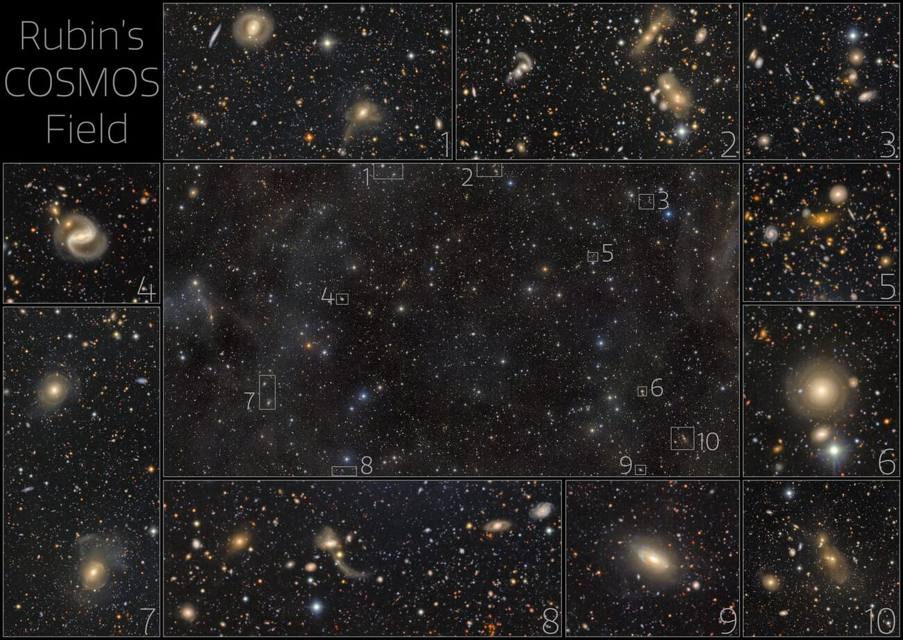 Grid of ten deep-space galaxy clusters from the COSMOS field captured by the LSST Camera, with a central map locating each inset