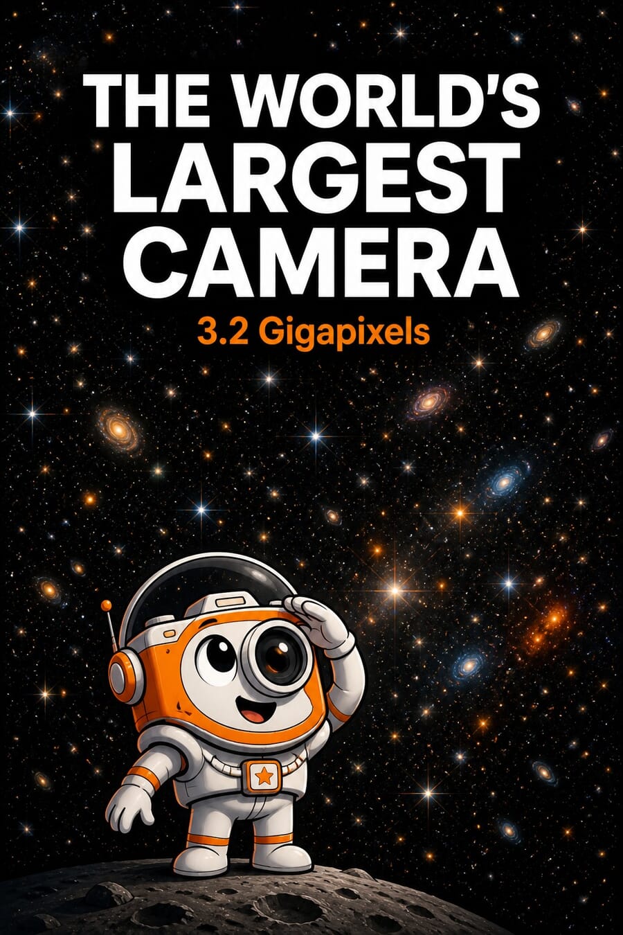Pinterest graphic: The World's Largest Camera, 3.2 gigapixels, over a deep field of galaxies