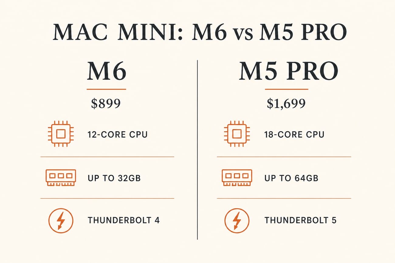 Comparison of the Mac mini M6 at $899 and the M5 Pro at $1,699, showing CPU cores, maximum memory, and Thunderbolt version