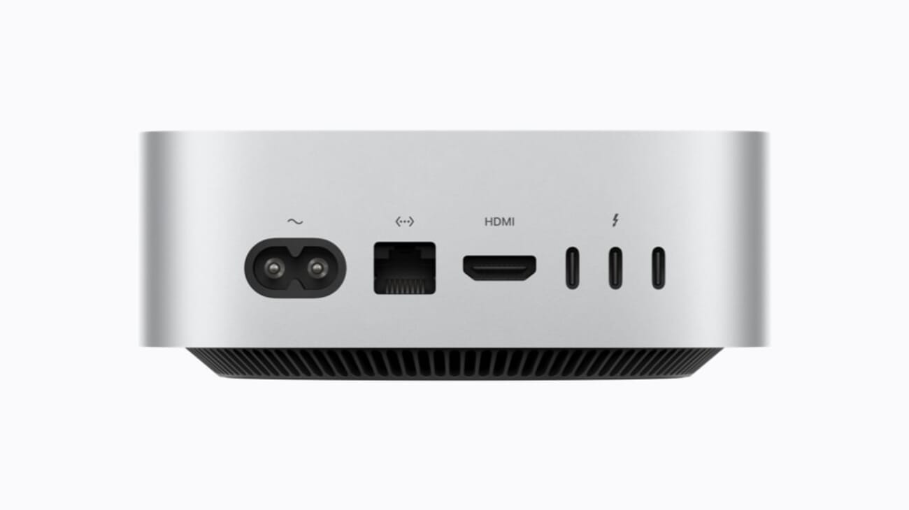 Rear ports of the new Mac mini, showing Thunderbolt ports, HDMI, and Ethernet