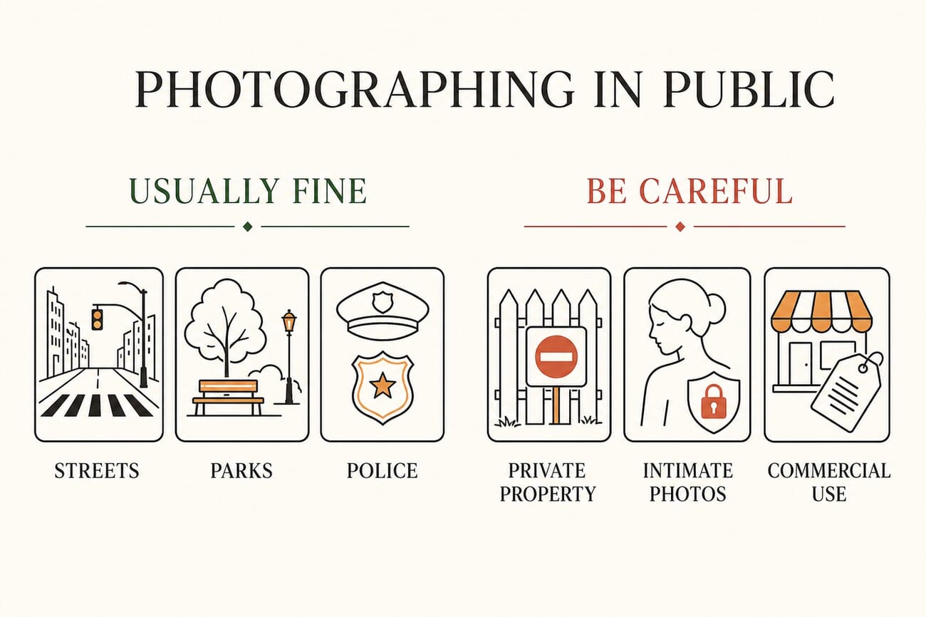 Quick reference: what is usually fine to photograph in public (streets, parks, police) versus where to be careful (private property, intimate photos, commercial use)