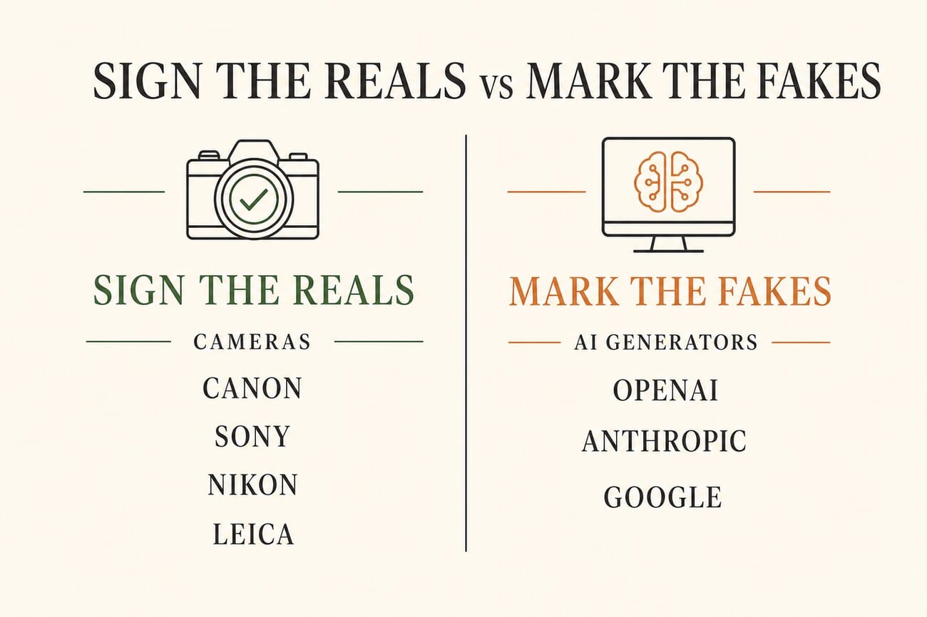 Two-sided authenticity stack: cameras (Canon, Sony, Nikon, Leica) sign real photos, while AI generators (OpenAI, Anthropic, Google) mark their fakes