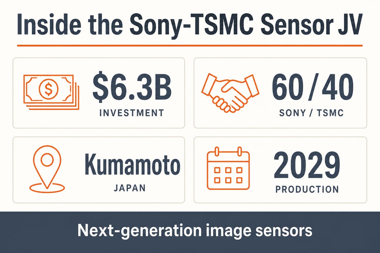 Infographic of the Sony-TSMC sensor joint venture: $6.3 billion investment, 60/40 Sony-TSMC split, Kumamoto Japan, 2029 production