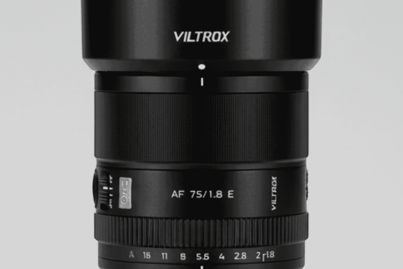 Viltrox AF 75mm f/1.8 EVO APS-C portrait lens, barrel detail showing the EVO badge and AF/MF switch