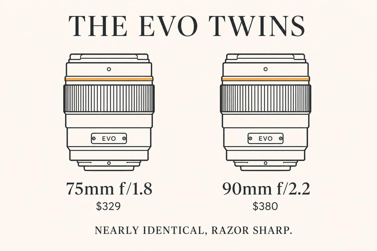 Infographic comparing the Viltrox EVO 75mm f/1.8 at $329 and the 90mm f/2.2 at $380, nearly identical and razor sharp