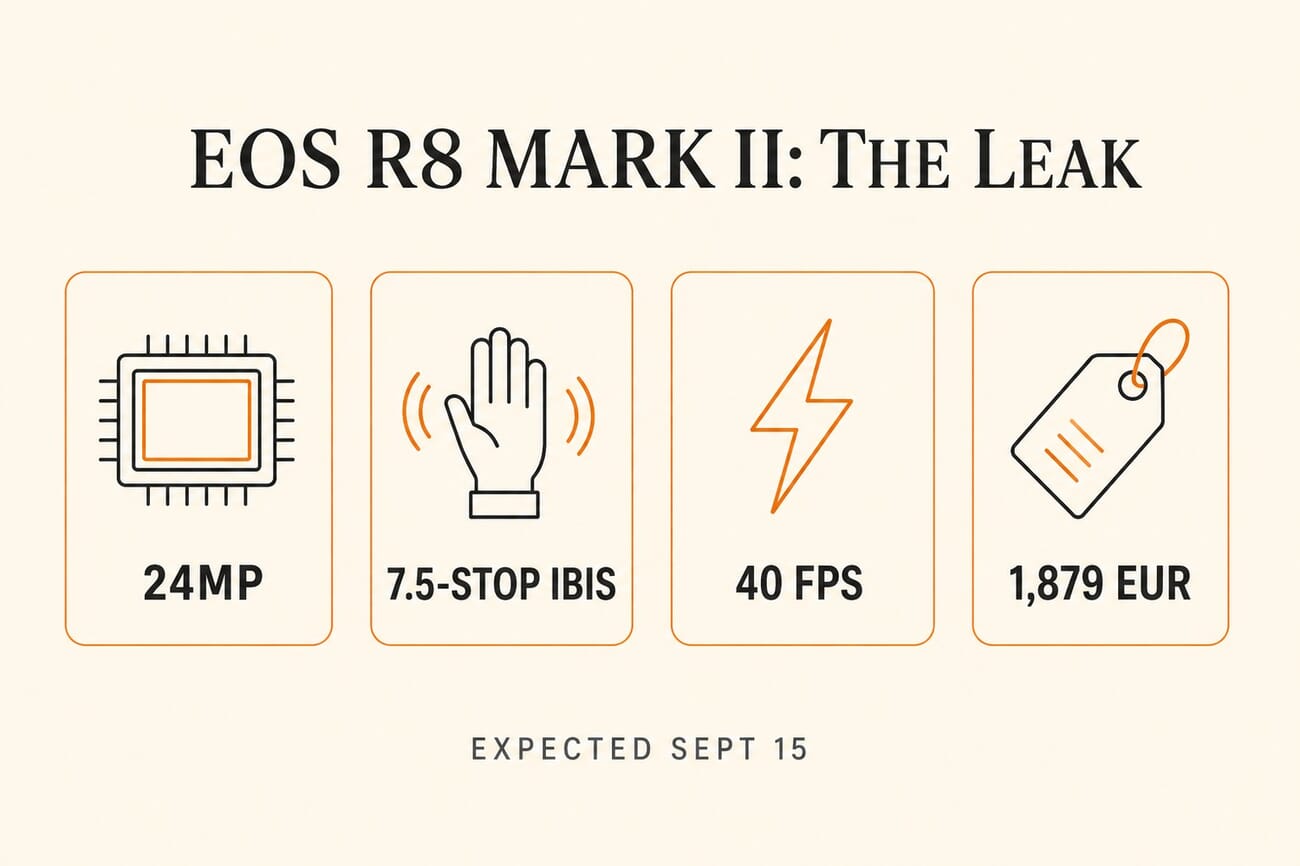Infographic of the leaked Canon EOS R8 Mark II specs: 24MP sensor, 7.5-stop IBIS, 40 fps burst, and a 1,879 euro price, expected September 15