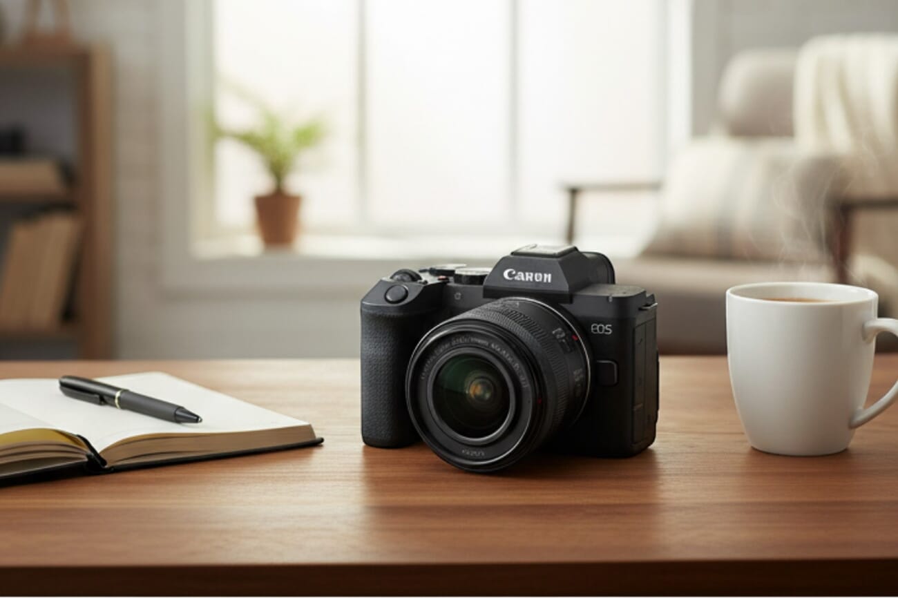 Canon EOS R8 Mark II with the RF 24-50mm F4.5-6.3 IS STM kit lens on a desk, showing the new flatter, more squared-off body design