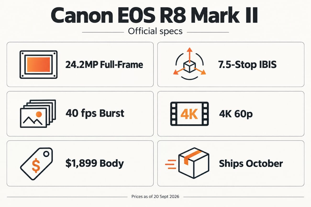 Canon EOS R8 Mark II official specifications: 24.2MP full-frame sensor, 7.5-stop IBIS, 40 fps burst, 4K 60p video, $1,899 body, shipping October 2026
