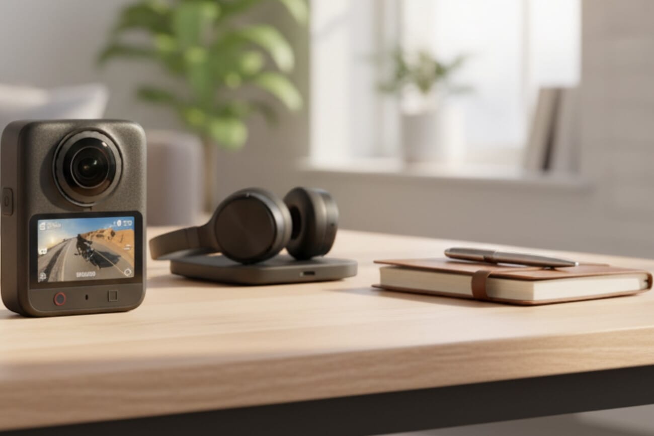 DJI Osmo 360 II 360-degree camera with dual fisheye lenses and a color touchscreen, shown on a desk