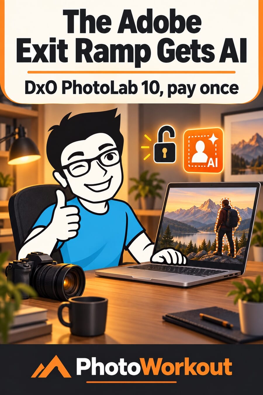 Pinterest graphic: the Adobe exit ramp gets AI, DxO PhotoLab 10 pay once
