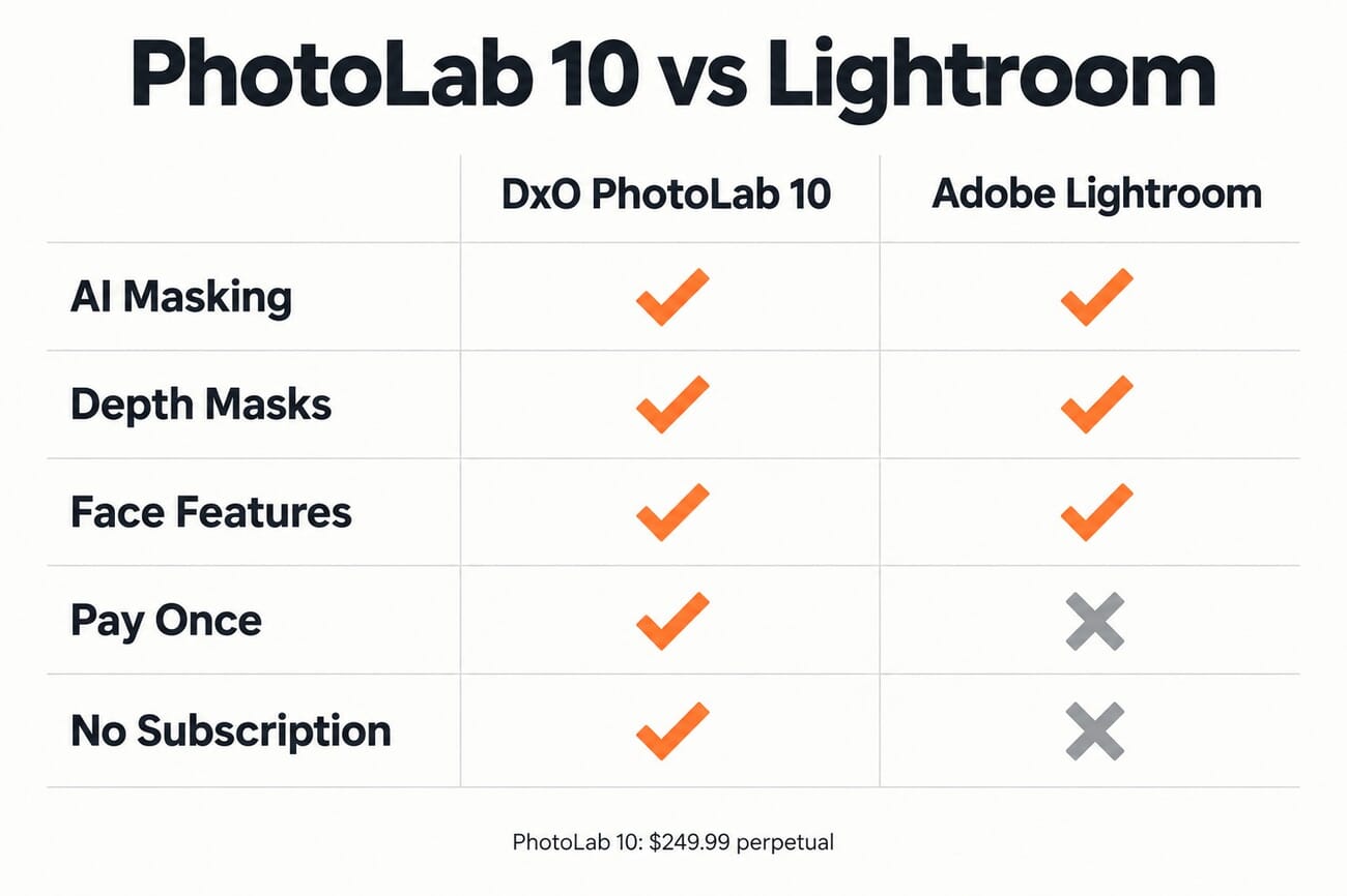 Comparison chart: DxO PhotoLab 10 versus Adobe Lightroom, showing both now have AI masking, depth masks and face features, but only PhotoLab 10 is pay-once with no subscription
