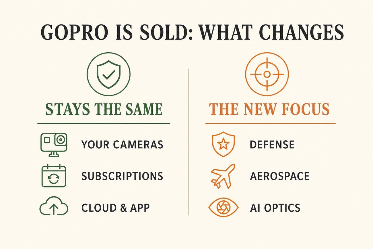 Infographic showing what stays the same after the GoPro acquisition (cameras, subscriptions, cloud and app) versus the new focus areas (defense, aerospace, AI optics)