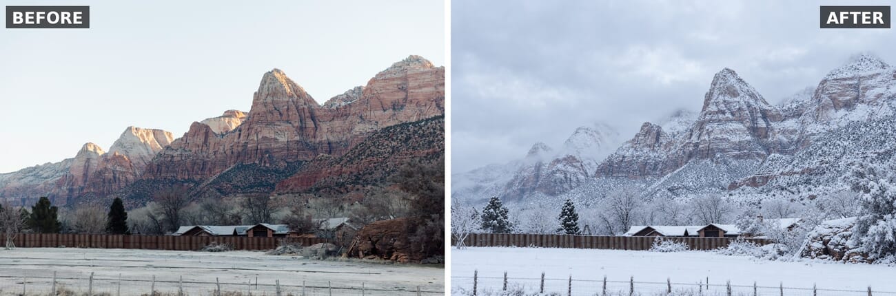 Before and after: a red-rock mountain scene converted to a snowy winter version by GPT Image 2.5