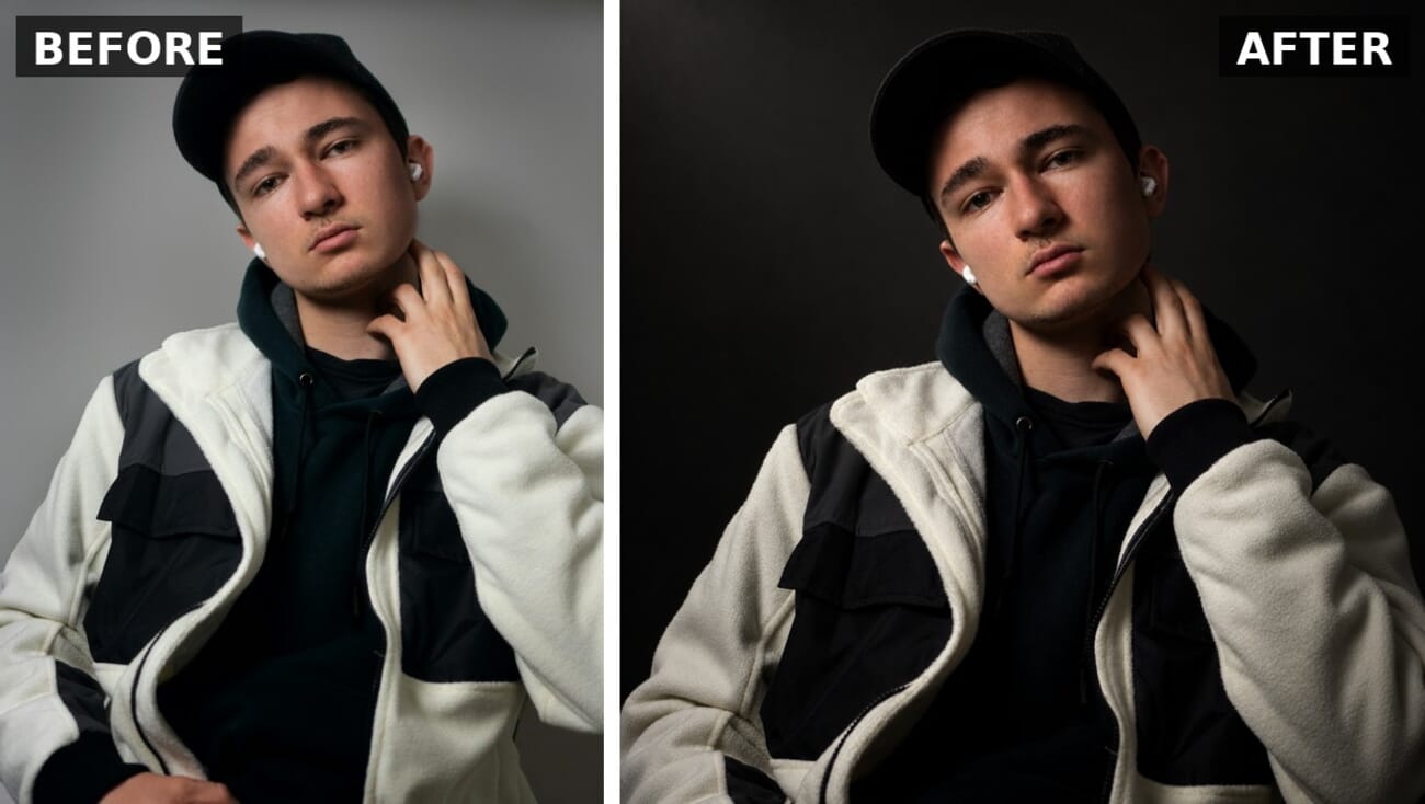 Before and after: a flat casual portrait relit as a dramatic dark studio portrait by GPT Image 2.5