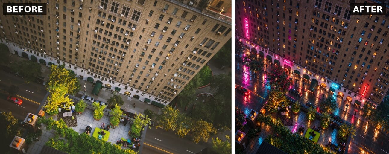 Before and after: a daytime overhead street scene turned into a rainy neon night by GPT Image 2.5