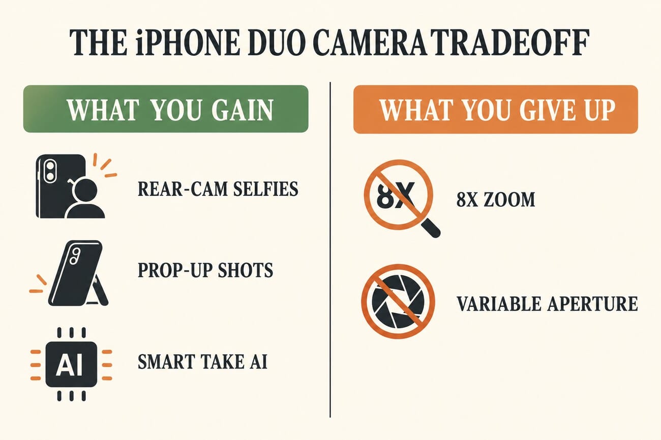 Infographic titled The iPhone Duo Camera Tradeoff, showing what you gain (rear-cam selfies, prop-up shots, Smart Take AI) versus what you give up (8x zoom, variable aperture)