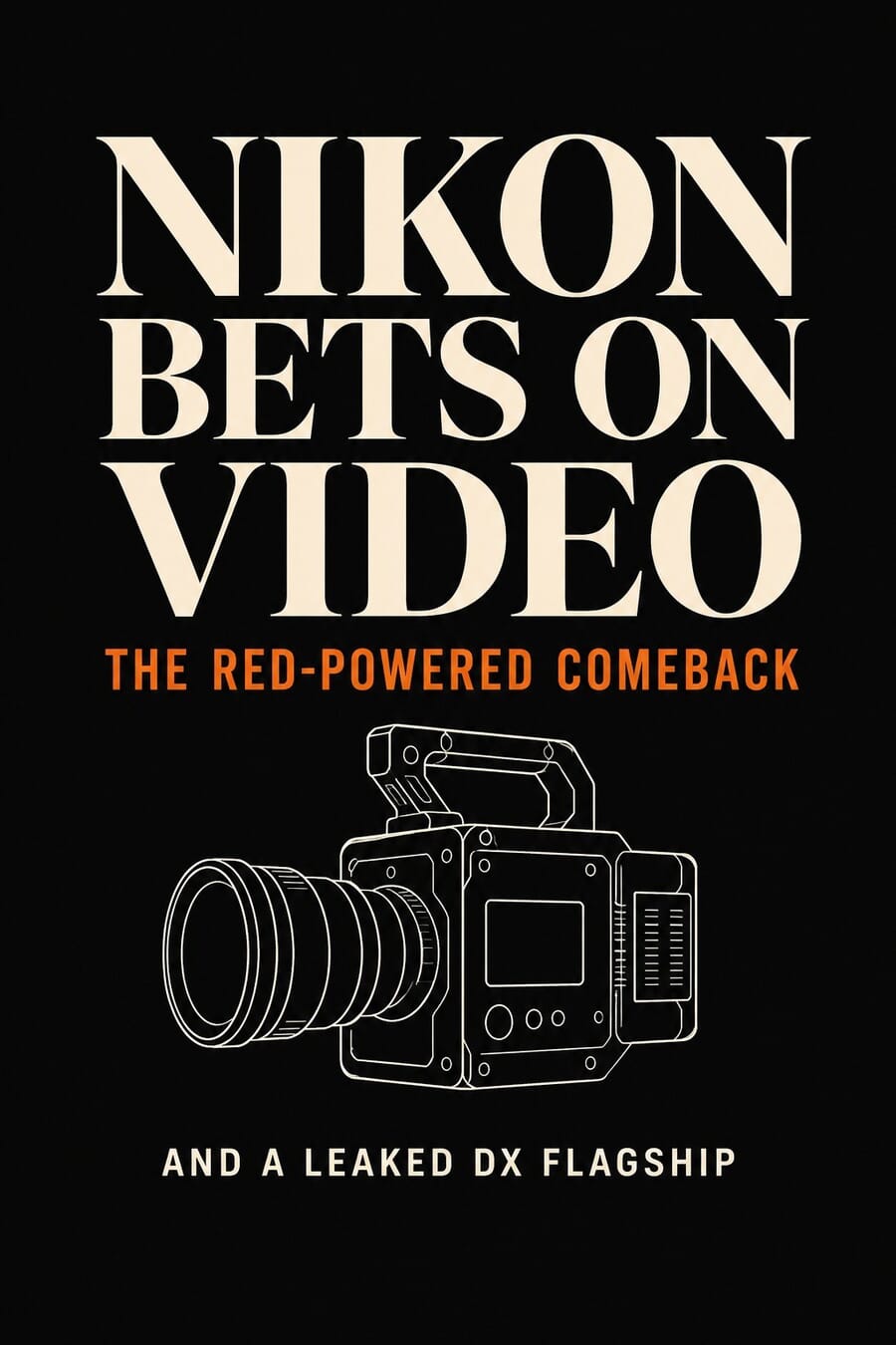 Vertical graphic reading Nikon Bets on Video, the RED-powered comeback, and a leaked DX flagship