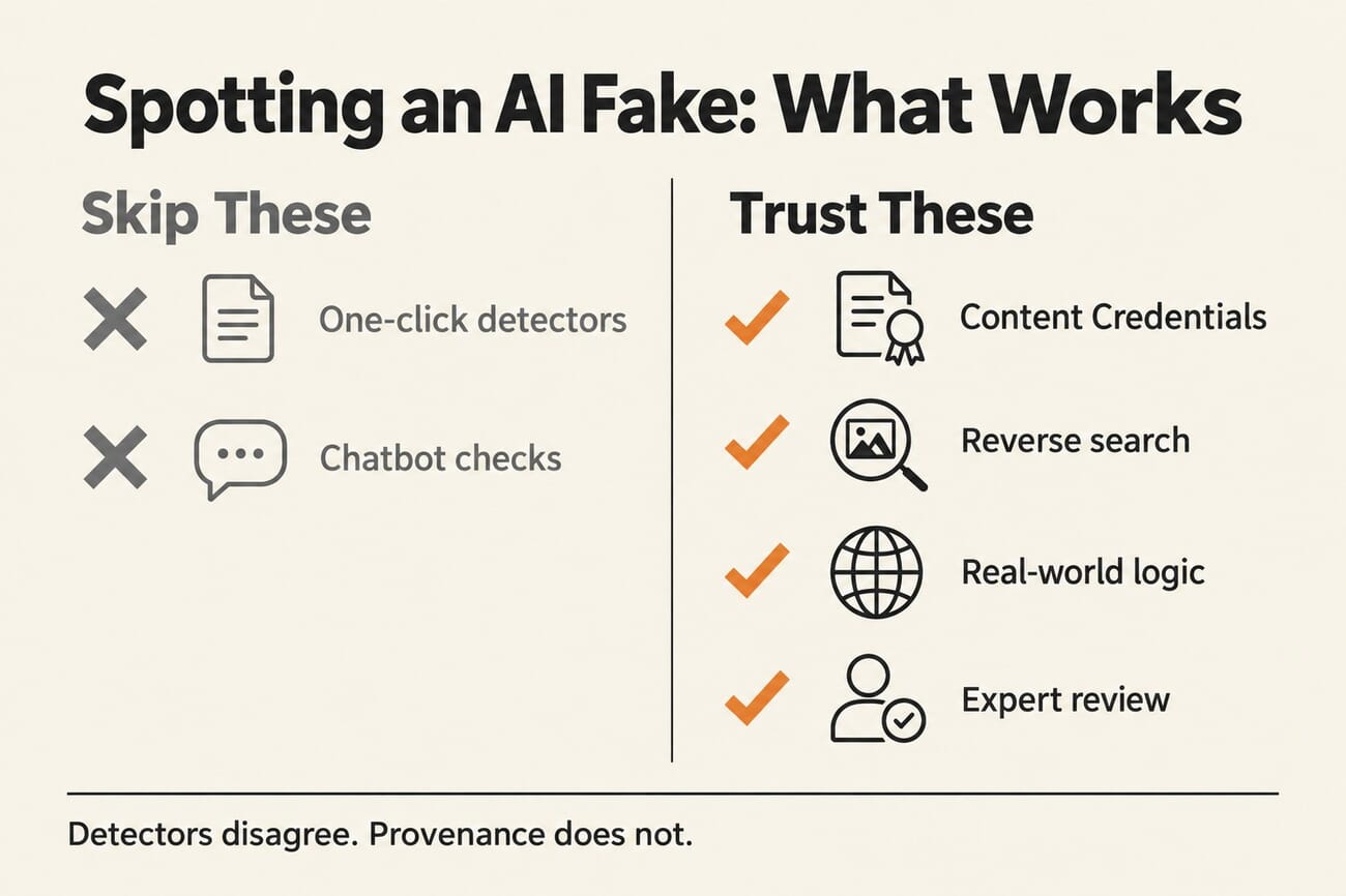 Infographic titled Spotting an AI Fake: what actually works. It shows one-click detectors and chatbot checks crossed out, and Content Credentials, reverse search, real-world logic and expert review as reliable methods